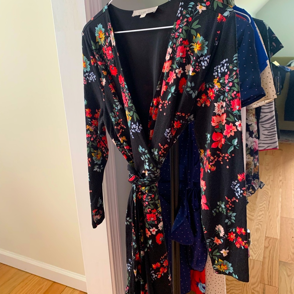LOFT Black Floral Midi Wrap Dress